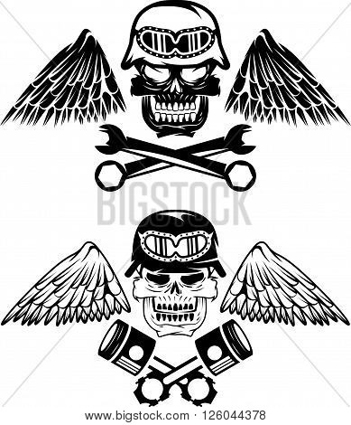 Biker Theme Label With Pistons ,wrenches And Skulls
