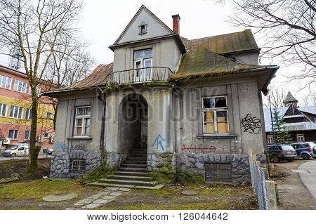 ZAKOPANE POLAND - MARCH 06 2016: Villa made of brick named Monte built in 1925 and designed by K. Stryjenski registered in the municipal register of architectural monument