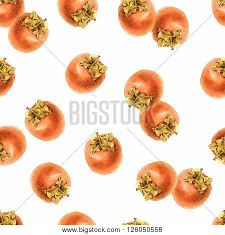 Seamless pattern with ripe persimmon. Watercolor illustration