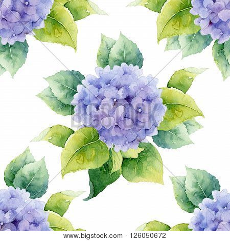 Seamless pattern with violet hydrangeas. Watercolor illustration