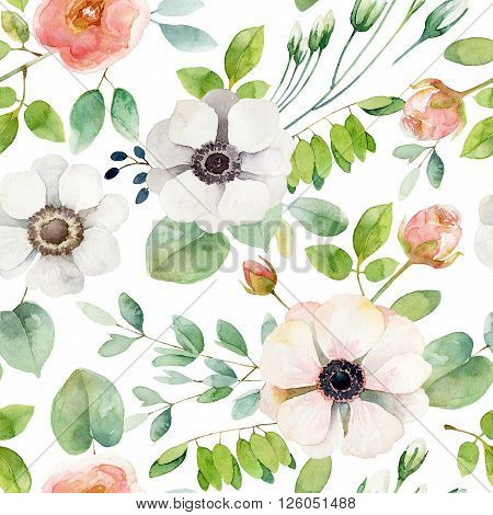 Seamless floral pattern with anemones and rose. Watercolor illustration