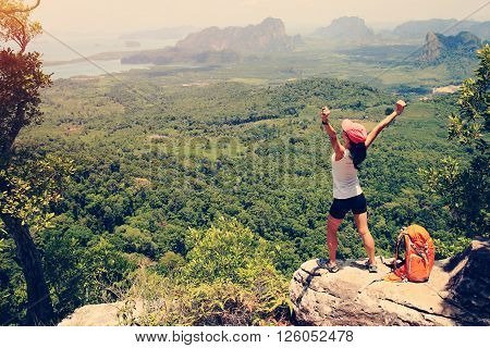 cheering successful woman hiker open arms at mountain peak