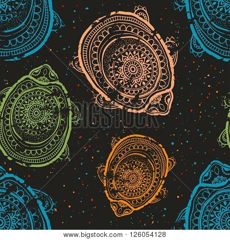 Greeting Beautiful pattern with turtle. Frame of animal made in vector. Etno Style. Turtle Illustration for design, pattern, textiles. Hand drawn map with turtle
