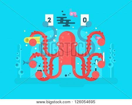 Octopus character design flat. Nature animal with tentacle, underwater invertebrate monster. Vector illustration
