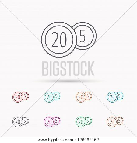 Coins icon. Cash money sign. Bank finance symbol. Twenty and five cents. Linear icons on white background.