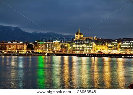 GENEVA SWITZERLAND - NOVEMBER 27: Geneva cityscape overview with St Pierre Cathedral on November 27 2015 in Geneva Switzerland.