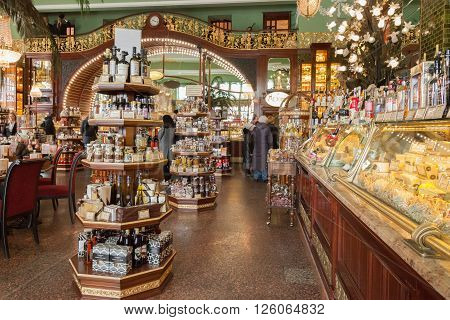 SAINT PETERSBURG, RUSSIA - APRIL 15, 2016: Interior of Yeliseev's Food Hall. Yeliseyev Grocery Store constructed in 1902-1903 for the Elisseeff Brothers, located at Nevsky Prospekt. It is one of the landmark of St. Petersburg