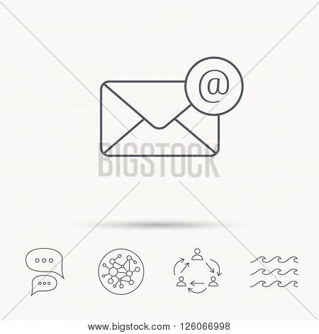 Envelope mail icon. Email message with AT sign. Internet letter symbol. Global connect network, ocean wave and chat dialog icons. Teamwork symbol.