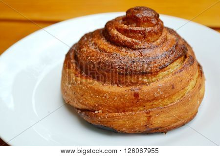 Tasty homemade cinnamon bun on a white plate