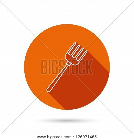 Pitchfork icon. Agriculture sign symbol. Round orange web button with shadow.
