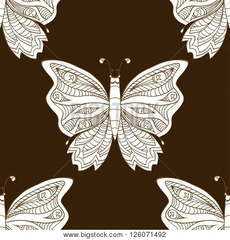 Zentangle stylized brown Butterfly seamless pattern for textile fashion design. Fabric. Zentangle Art collection.