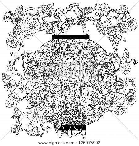 Oriental lantern decorated by floral patterns for adult  coloring book.  Black and white. Uncolored Vector illustration. The best for your design, textiles, posters, adult coloring book