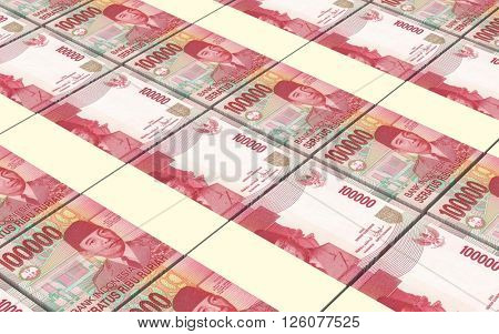 Indonesian rupiah bills stacks background. 3D illustration.