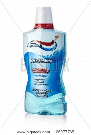 CHISHINAU MOLDOVA - March 25 2016: Aquafresh isolated on white background.Aquafresh is a brand of antiseptic mouthwash product.