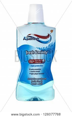 CHISHINAU MOLDOVA - March 25 2016: Aquafresh isolated on white background.Aquafresh is a brand of antiseptic mouthwash product.