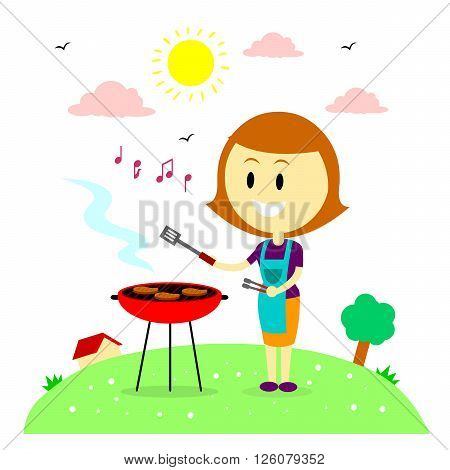 A Happy Woman/Mom  Humming while Barbecuing Steaks in the Backyard House (in Flat Cartoon Style)