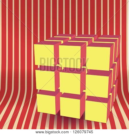 Vector cube block 3D background abstract illustration. Graphic shape digital construction. Business concept geometry. Colors red and yellow.