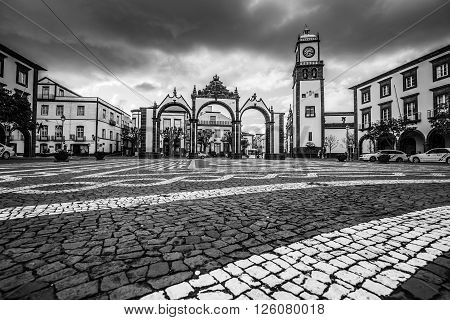 Ponta Delgada Azores Portugal - April 20 2015: Portas da Cidade- historic entrance to the town of Ponta Delgada on Sao Miguel island Azores