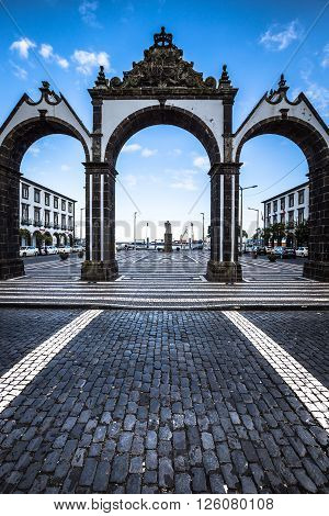 Ponta Delgada Azores Portugal - April 20 2015: Portas da Cidade - historic entrance to the town of Ponta Delgada on Sao Miguel island Azores