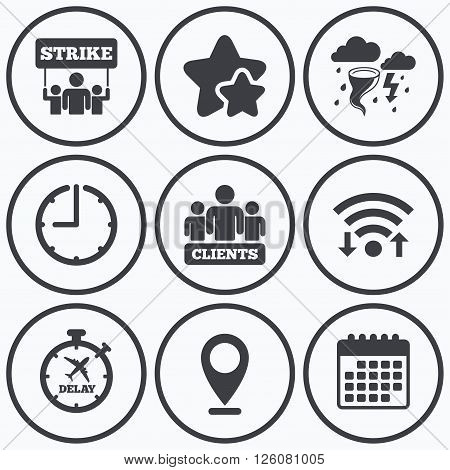 Clock, wifi and stars icons. Strike icon. Storm bad weather and group of people signs. Delayed flight symbol. Calendar symbol.