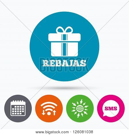 Wifi, Sms and calendar icons. Rebajas - Discounts in Spain sign icon. Gift box with ribbons symbol. Go to web globe.