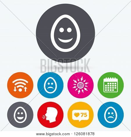 Wifi, like counter and calendar icons. Eggs happy and sad faces icons. Crying smiley with tear symbols. Tradition Easter Pasch signs. Human talk, go to web.