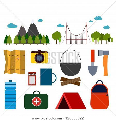 Set of objects for camping. Vector illustration
Holidays .The set of equipment for traveling and camping in the mountains and forest. Flat design