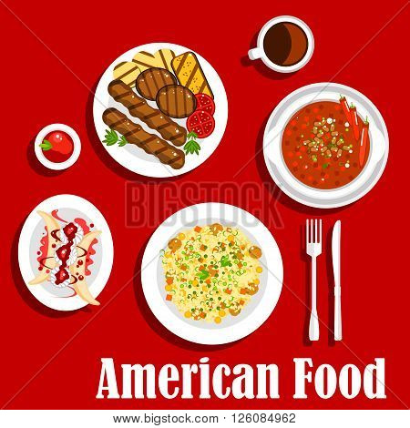 American dinner icon with jambalaya with rice and meat balls, vegetarian chilli, grilled beef steaks with sliced vegetables and ketchup, coffee served with banana split dessert, topped with whipped cream and fruity sauce. Flat style
