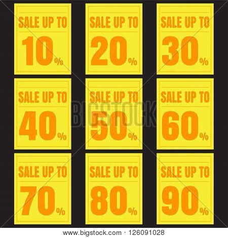 Sale discount labels. Special offer price signs. 10 20 30 40 50 60 70 80 and 90 percent off reduction symbols.