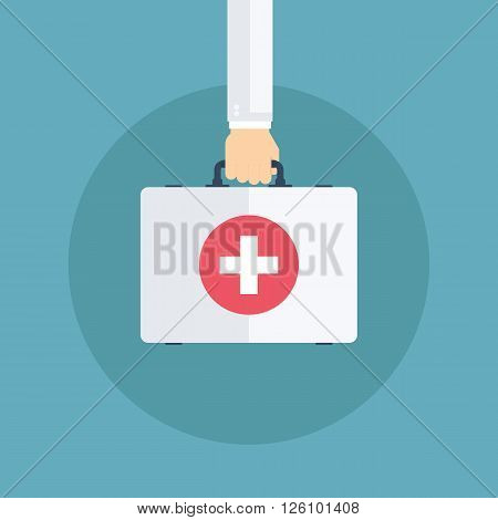 Doctor hand and first aid kit. Medical bag. Healthcare and diagnostics. Vector illustration.