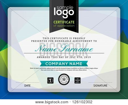 Modern certificate blue and green triangle shape background frame design template