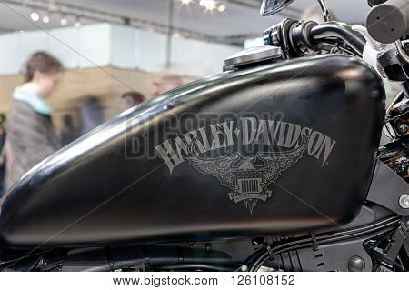 BRNO ,CZECH REPUBLIC-MARCH 4,2016: Close up fuel tank of motorcycle Harley Davidson Sportster Iron 883 on International Fair for Motorcycles on March 4,2016 in Brno in Czech Republic