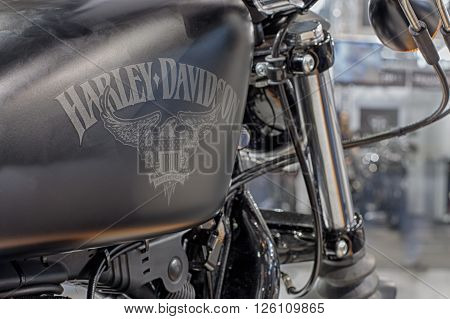 BRNO ,CZECH REPUBLIC-MARCH 4,2016: Close up fuel tank of motorcycle Harley Davidson Sportster Iron 883 on International Fair for Motorcycles on March 4,2016 in Brno in Czech Republic