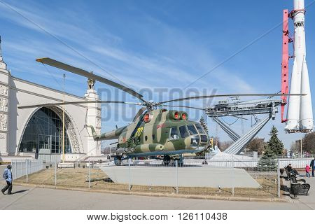 Moscow, Russia - March 29, 2016: Russian military helicopter MI-8 near the pavilion 
