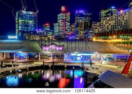Sydney Australia - November 10 2015: Sydney city skyline view from Pyrmont Bridge at night time. Long exposure camera settings applied.
