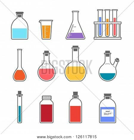 Set chemical flask Erlenmeyer flask distilling flask volumetric flask test tube. Vector illustration.