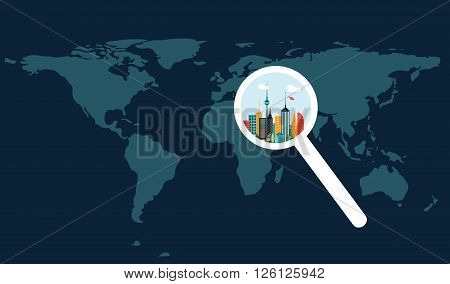 World map and city increased by magnifier