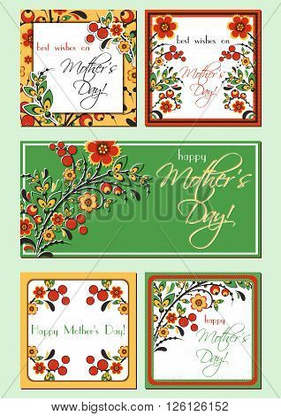Greeting mini cards with Hohloma floral ornament. Postcard in five variants for Women's Day Mother's Day Birthday Anniversary. Vector illustration
