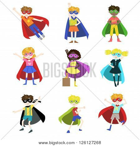 Kids Dressed as Superheroes Funny Flat Isolated Vector Design Icons Set On White Background