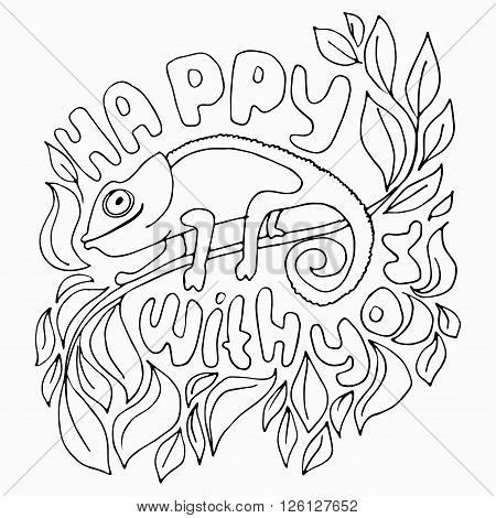 Vector illustration about cute hameleons on leaves - greetings card happy with you.