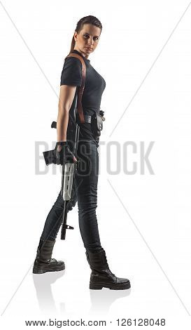 Woman Police Officer Is Holding Kalashnikov. Isolated On White.