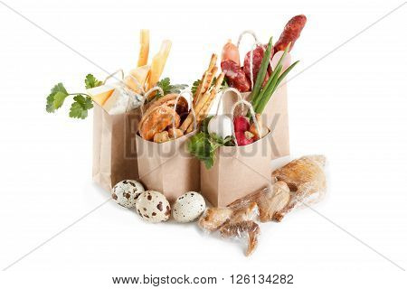 A set of products in packages. The concept of the sale purchase and delivery of products. Isolated on white
