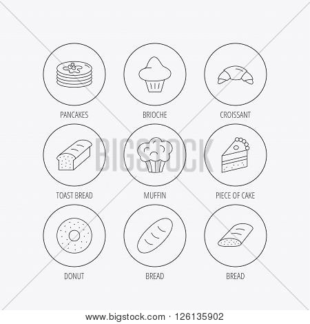 Croissant, cake and bread icons. Muffin, brioche and sweet donut linear signs. Pancakes with syrup flat line icons. Linear colored in circle edge icons.