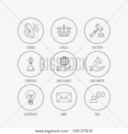 Strategy, auction and scales of justice icons. Save planet, water and lamp lightbulb linear signs. Faq and law hammer flat line icons. Linear colored in circle edge icons.