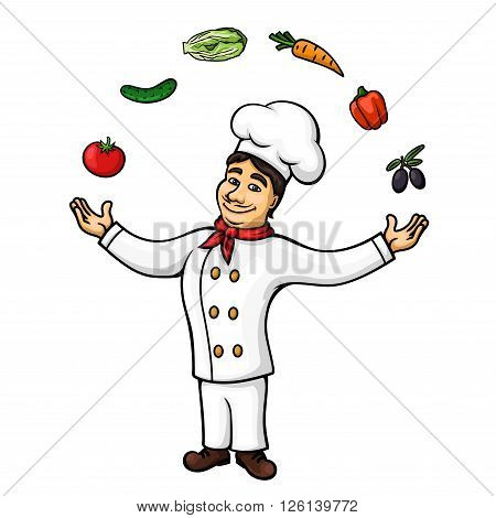 Cartoon chef of italian cuisine character wearing white tunic and hat is performing conjuring tricks with juggling of fresh olive fruits, tomato, bell pepper, carrot, cucumber and chinese cabbage vegetables. Restaurant symbol, recipe book, occupation conc