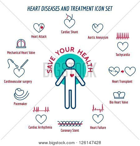 Heart health. Human Heart Disease and Heart Attack Symptoms. Vector illustration