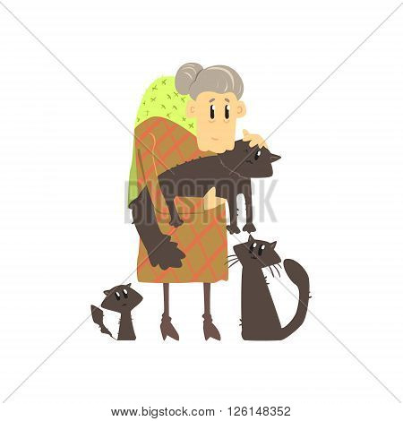 Old Lady With Three Cats Flat Isolated Vector Simple Drawing On White Background In Funny Cartoon Style