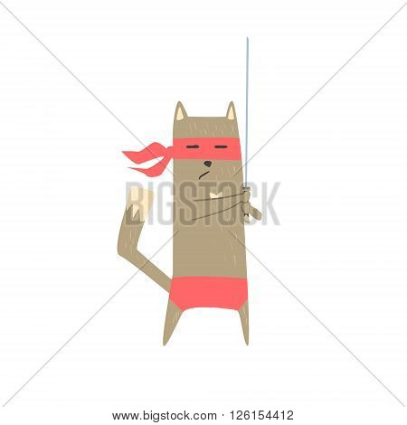 Samurai Cat With Sword Flat Geometrical Design Cool  Vector Icon On White Background