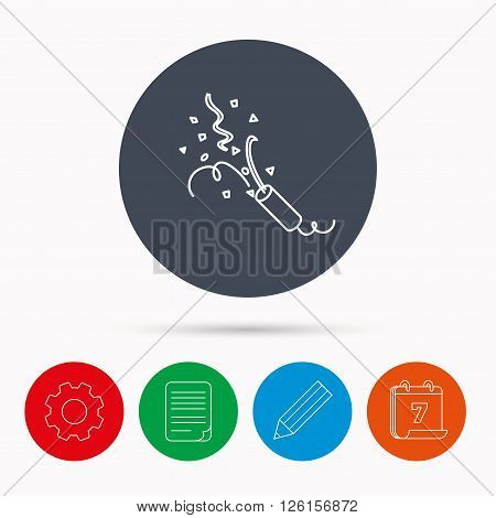 Shooting slapstick icon. Celebration sign. Calendar, cogwheel, document file and pencil icons.
