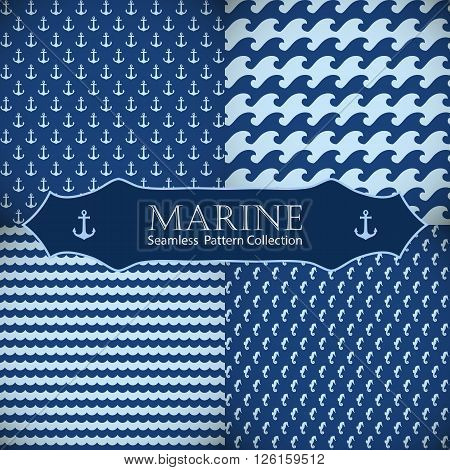 Set of sea and nautical backgrounds in dark blue and white colors. Sea theme. Seamless patterns collection. Vector illustration.